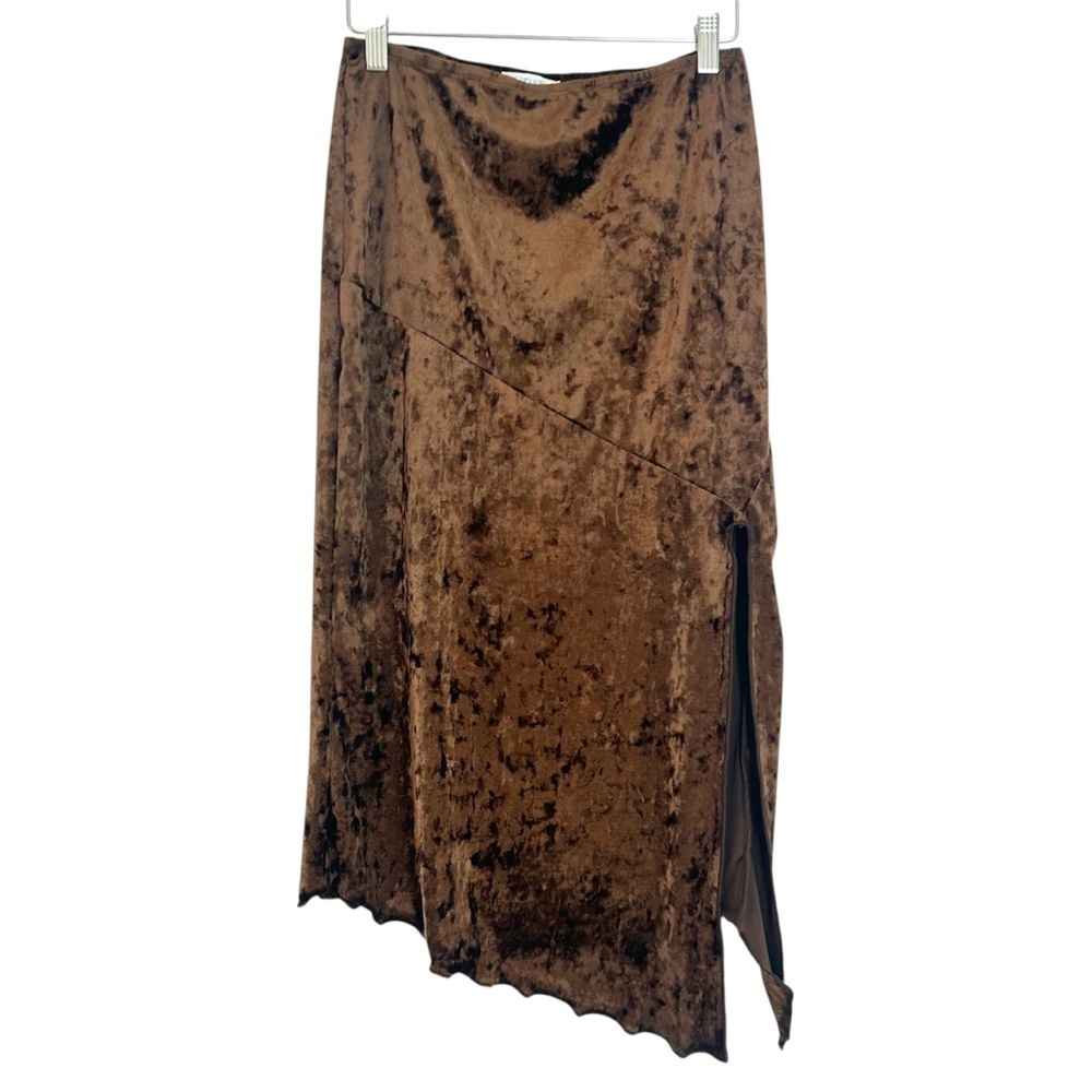 Brown Crushed Velvet Midi Skirt Sz M Asymmetrical Slit Hem Whimsigoth Fairy-core